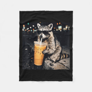 Funny cool raccoon drinking iced coffee animal mem fleece blanket