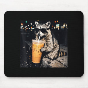 Funny cool raccoon drinking iced coffee animal mem mouse pad