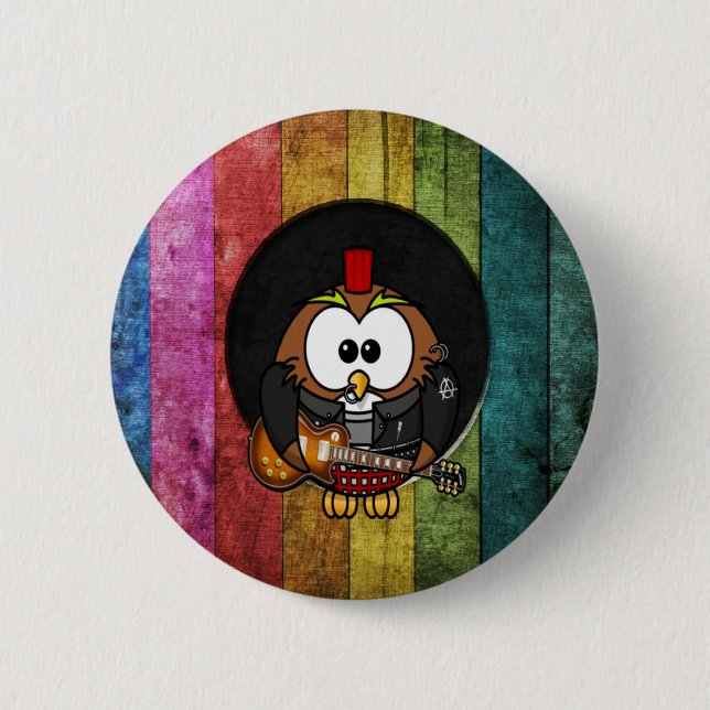 Funny cool rock&roll owl with piercings playing 2 inch round button (Front)