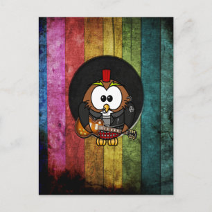 Funny cool rock&roll owl with piercings playing postcard