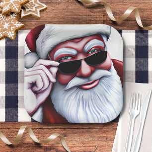 Funny Cool Santa Claus in Sunglasses Christmas Paper Plate