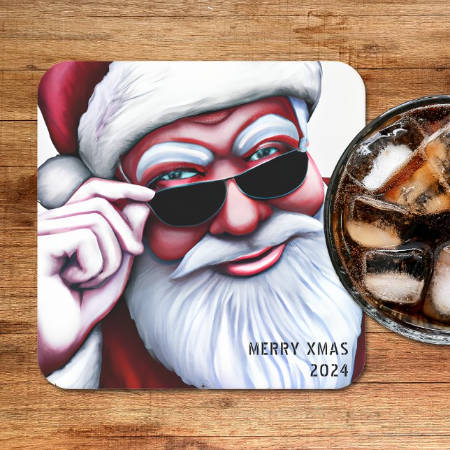 Funny Cool Santa Claus in Sunglasses Christmas Square Paper Coaster (Funny Cool Santa Claus in Sunglasses Christmas)