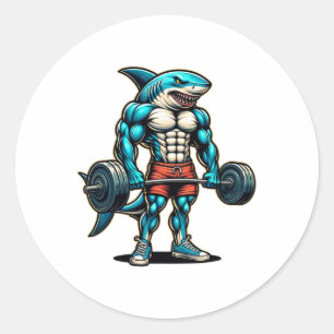 Funny Cool Shark Weightlifting Bodybuilder Muscle  Classic Round Sticker