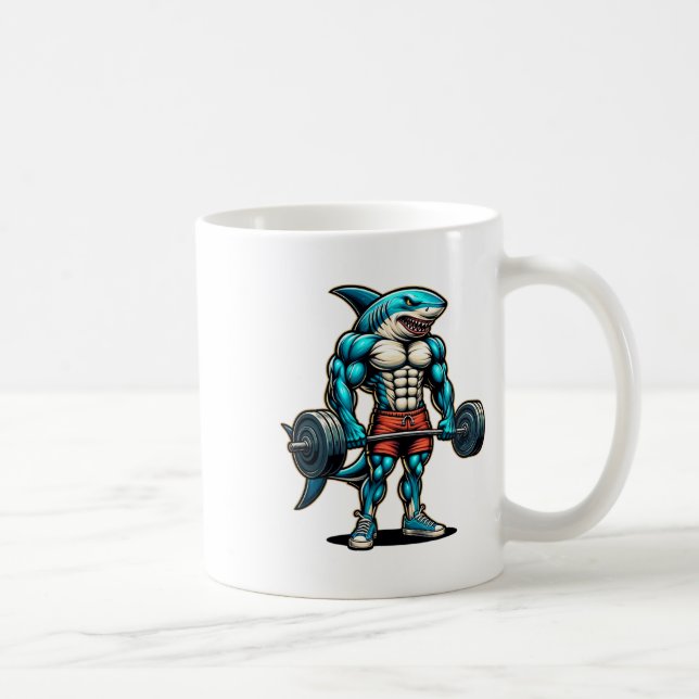 Funny Cool Shark Weightlifting Bodybuilder Muscle  Coffee Mug (Right)
