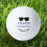 Funny Cool Sunglasses Escaped & Hiding Lost Golf Balls<br><div class="desc">Do your golf balls get lost and seem to go into hiding? This design adds a humourous touch to the spherical escapees. Each ball in this set of three features a funny "escaped and hiding from" caption, to personalize with the owner's name. At the top is a pair of cool...</div>