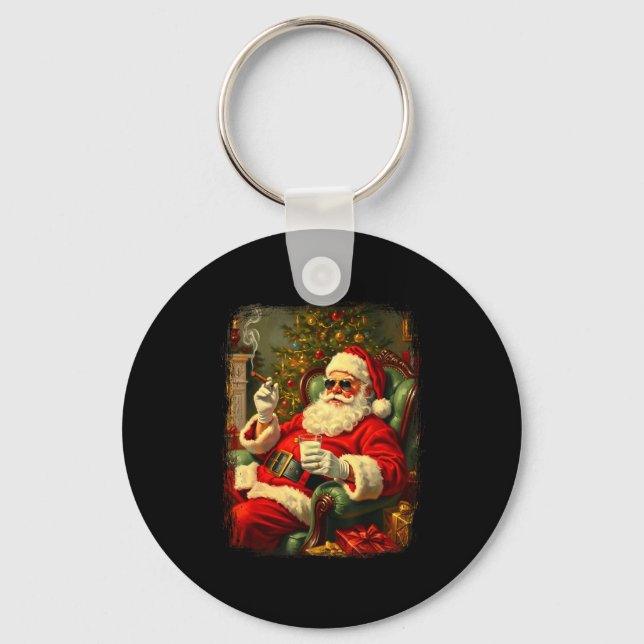Funny Cool Sungles Cigar And Milk Santa Christmas  Keychain (Front)