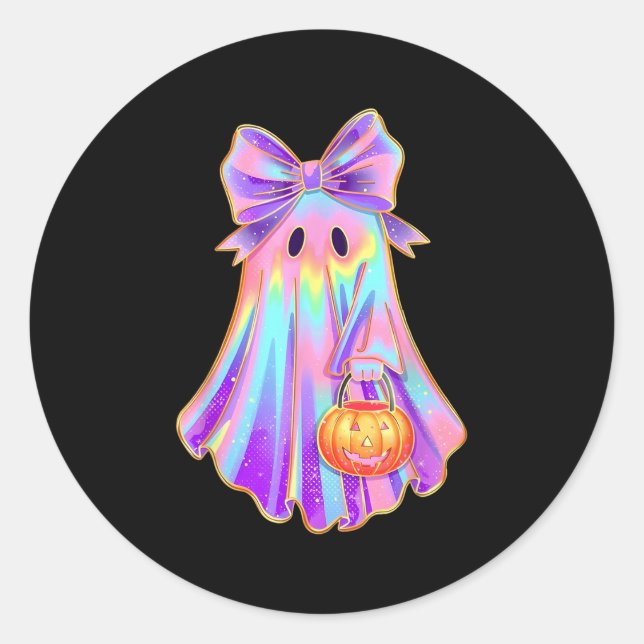 Funny Coquette Bow Ghost Pumpkin Halloween Soky Se Classic Round Sticker (Front)