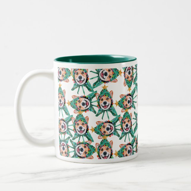 Funny Corgi Christmas Pattern Two-Tone Coffee Mug (Left)