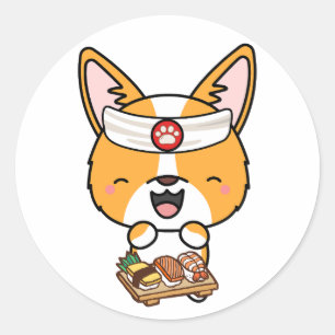 Funny corgi dog is a sushi chef classic round sticker