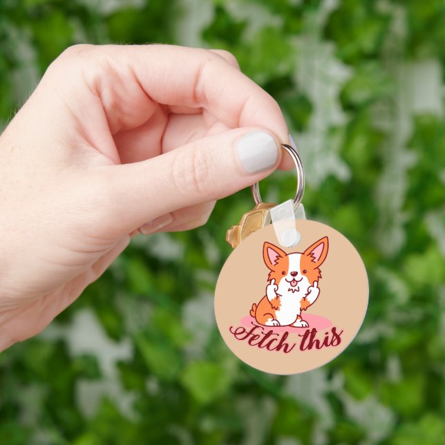 Funny Corgi Dog Middle Finger Fetch This Keychain (Hand)