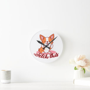 Funny Corgi Dog Middle Finger Fetch This Round Clock
