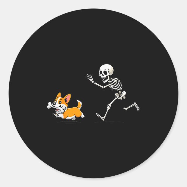 Funny Corgi Dog Steals Skeleton Bone Halloween  Classic Round Sticker (Front)