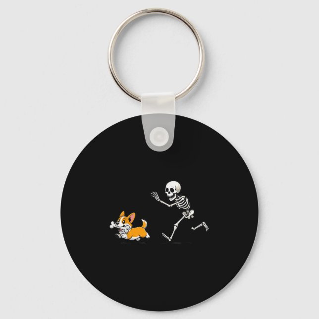 Funny Corgi Dog Steals Skeleton Bone Halloween  Keychain (Front)
