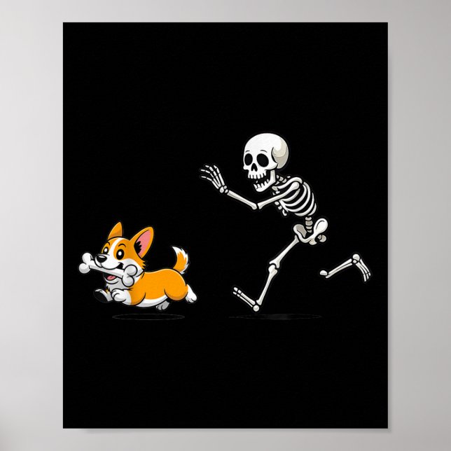 Funny Corgi Dog Steals Skeleton Bone Halloween  Poster (Front)