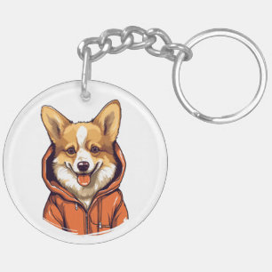 Funny Corgi Dog Wearing Hoodie Scarf Keychain