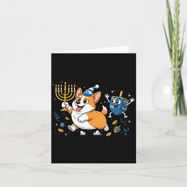 Funny Corgi Dreidel Menorah Hanukkah Kids Womens M Card (Front)
