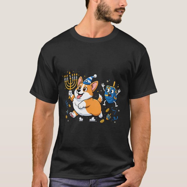 Funny Corgi Dreidel Menorah Hanukkah Kids Womens M T-Shirt (Front)