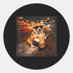 Funny Corgi Drinking Iced Coffee Cute Dog Meme Classic Round Sticker