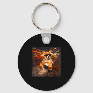 Funny corgi drinking iced coffee cute dog meme keychain