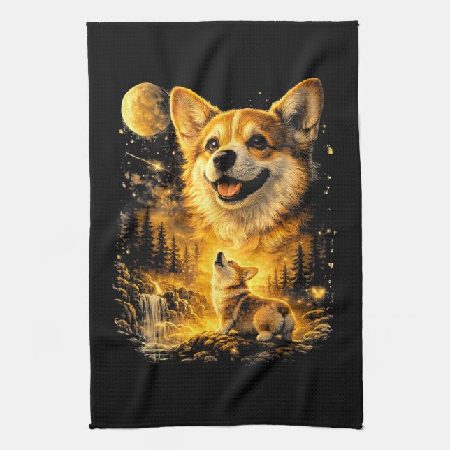 funny corgi howling at the moon kitchen towel (Vertical)