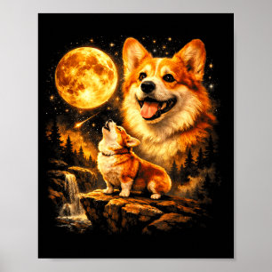 Funny corgi howling at the moon vintage mystical poster