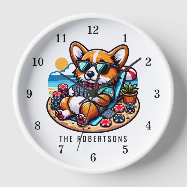 Funny Corgi Playing Poker on a Beach Family Clock (Front)