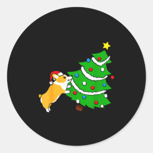 Funny Corgi Pushing Christmas Tree Xmas Dog Mom Classic Round Sticker