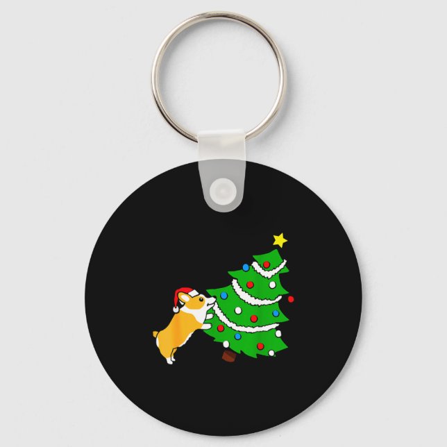 Funny Corgi Pushing Christmas Tree Xmas Dog Mom  Keychain (Front)