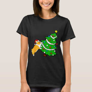 Funny Corgi Pushing Christmas Tree Xmas Dog Mom T-Shirt