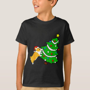 Funny Corgi Pushing Christmas Tree Xmas Dog Mom T-Shirt