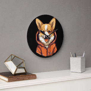 Funny Corgi Wearing Hoodie Large Clock