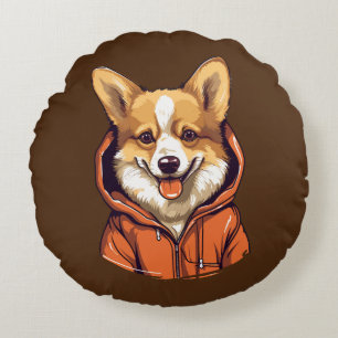 Funny Corgi Wearing Hoodie Round Pillow