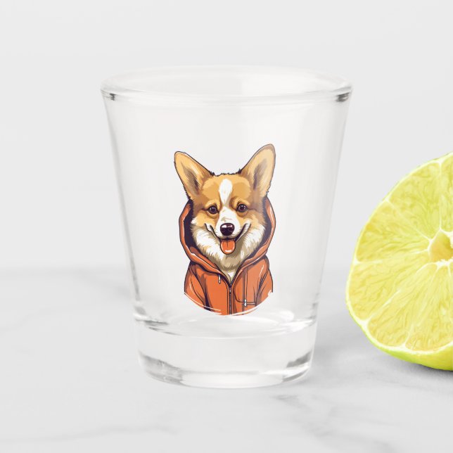 Funny Corgi Wearing Hoodie Shot Glass (Front)