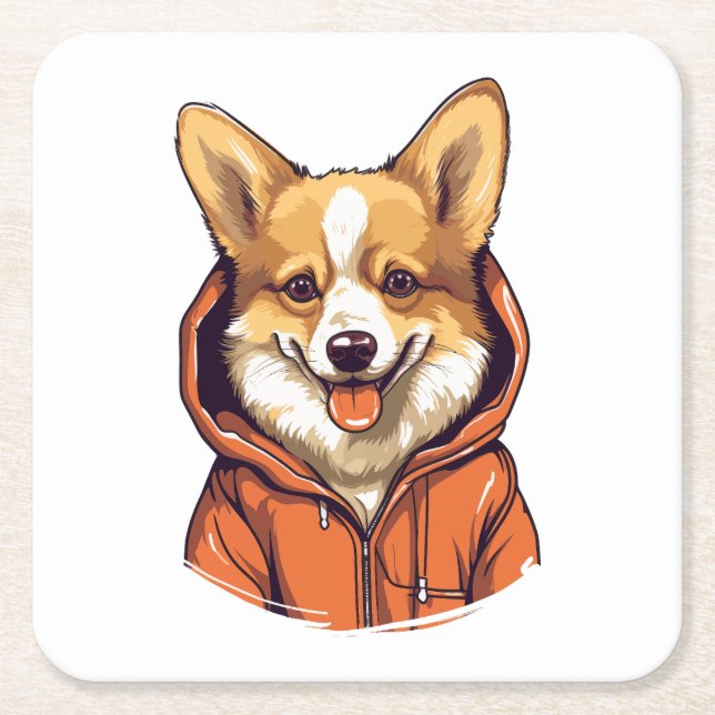 Funny Corgi Wearing Hoodie Square Paper Coaster (Front)