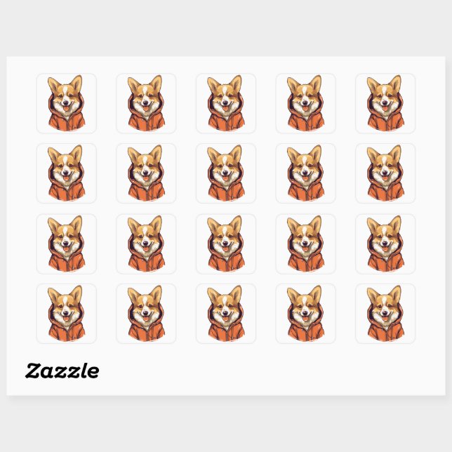 Funny Corgi Wearing Hoodie Square Sticker (Sheet)