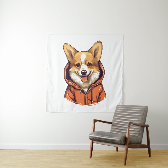 Funny Corgi Wearing Hoodie Tapestry (In Situ)