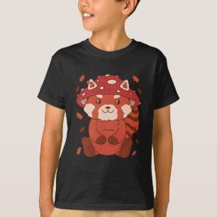 Funny cottagecore red panda mushroom in leaves T-Shirt