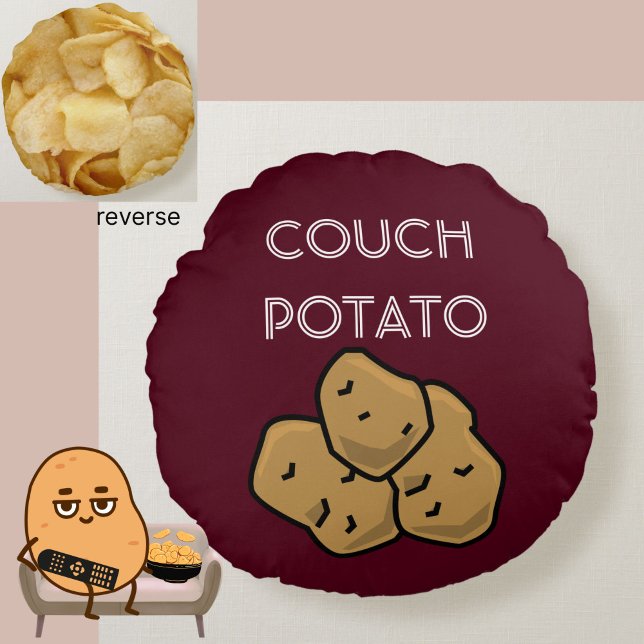 Funny "Couch Potato" + Potato Chips Binge Watching Round Pillow (This funny Couch Potato cushion is perfect for the lovable sloth in your life. Choice of colors.)