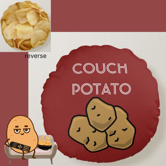 Funny "Couch Potato" + Potato Chips Binge Watching Round Pillow (This funny Couch Potato cushion is perfect for the lovable sloth in your life. Choice of colors.)