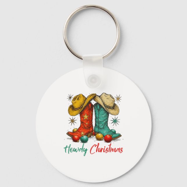 Funny Country Western Christmas Howdy Cowboy Boots Keychain (Front)