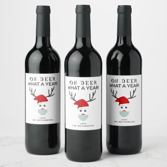 Funny Covid Christmas Reindeer Wearing Face Mask Wine Label (Bottles)