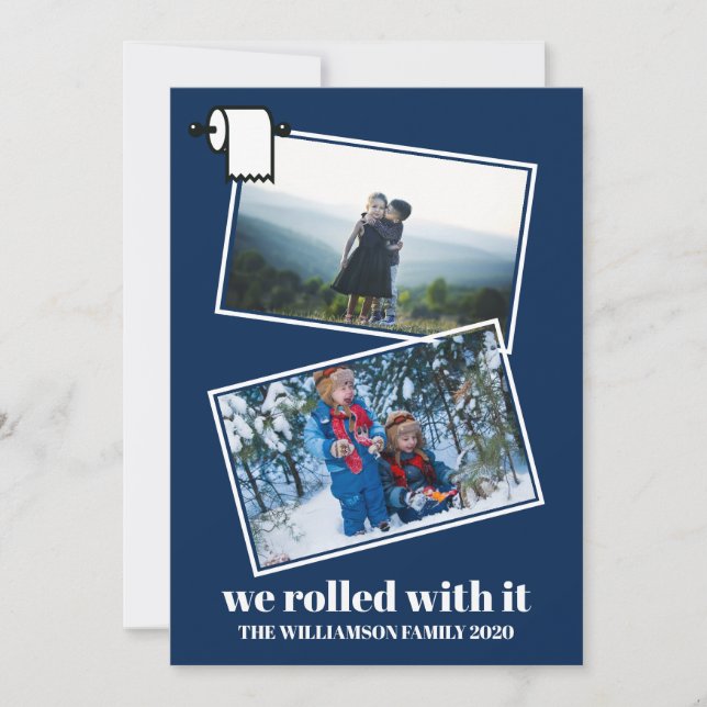 Funny Covid Christmas Two Photo Modern Blue Holiday Card (Front)
