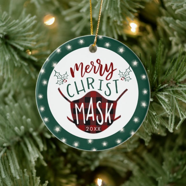 Funny COVID MERRY ChristMASK Buffalo Plaid Photo Ceramic Ornament (Tree)