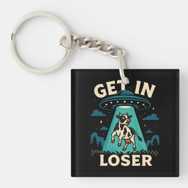 Funny Cow Abduction By UFO  Keychain (Front)