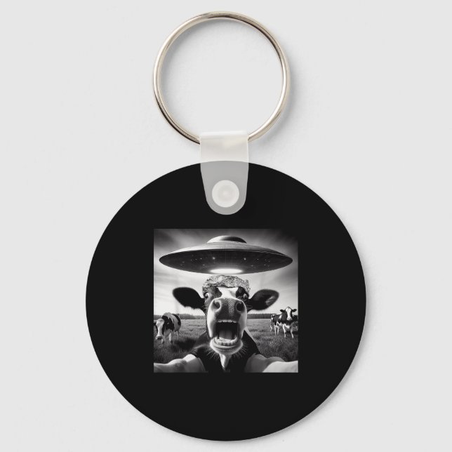 Funny Cow Abduction By Ufo Selfie - Hilarious Alie Keychain (Front)