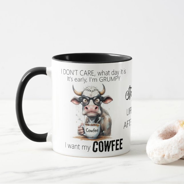 Funny Cow Drinking Coffee Quote Mug (With Donut)