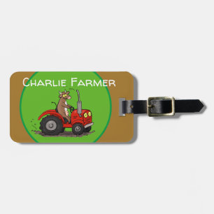 Funny cow driving a red tractor cartoon bag tag