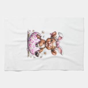 Funny Cow Easter Rabbit Cute Highland Cows Lover E Kitchen Towel