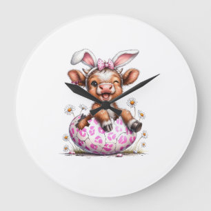 Funny Cow Easter Rabbit Cute Highland Cows Lover E Large Clock