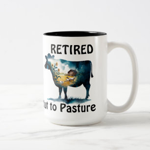 Funny Cow Farm Theme Retirement Out to Pasture Two-Tone Coffee Mug